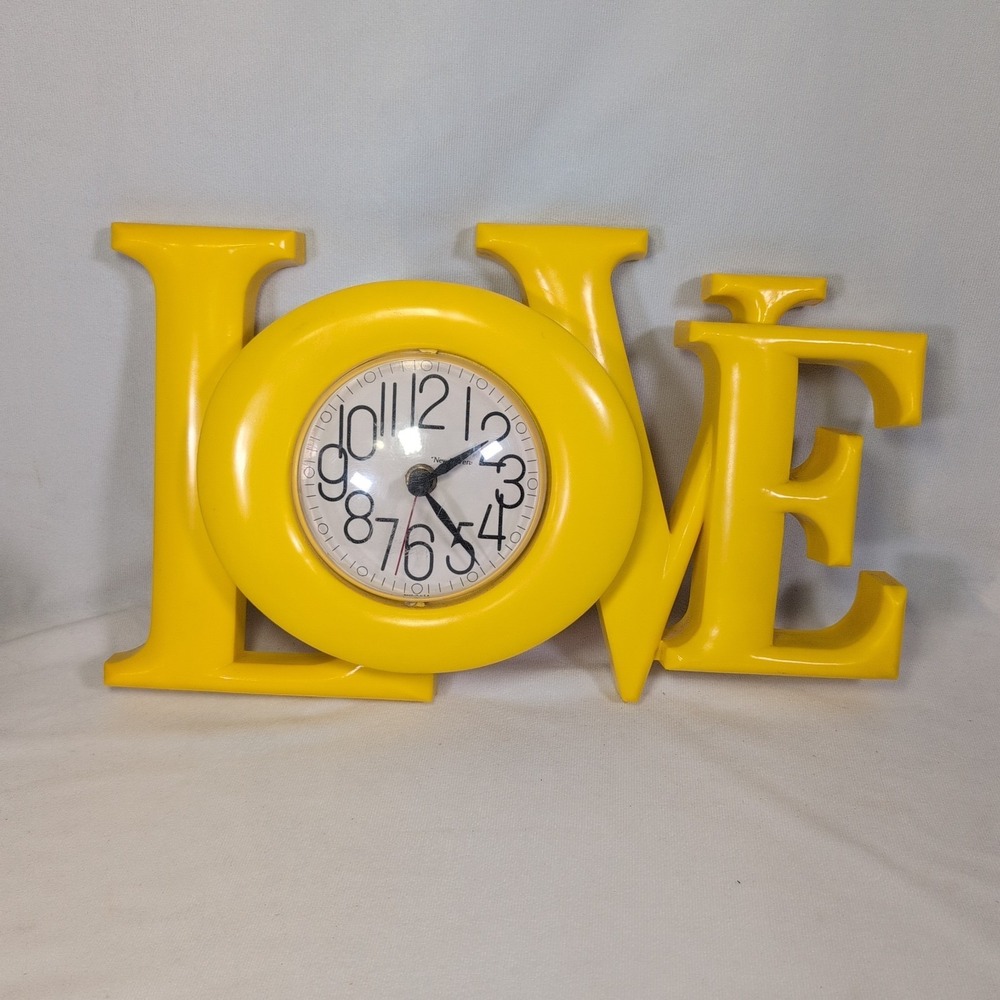 Vintage Love Yellow Plastic Wall Clock 8x16in Hippie Retro Made In USA